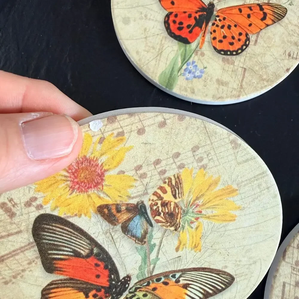 Set‎ of 4 Round Stoneware Corked Backed Butterfly Coasters Each One Unique